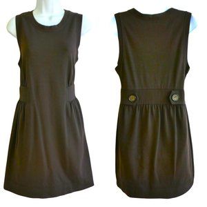 Theory Sleeveless Sheath Knit Dress Dark Brown Pull On Crew Button Tabs Waist M